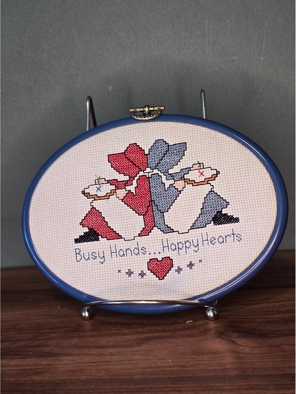 Vintage Finished Cross Stitch Oval Framed Art Busy Hands Happy Hearts